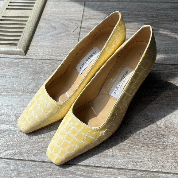 Vintage Liz Claiborne Yellow  Gold Croc Giraffe Patern Patent Leather Heels - Picture 1 of 15